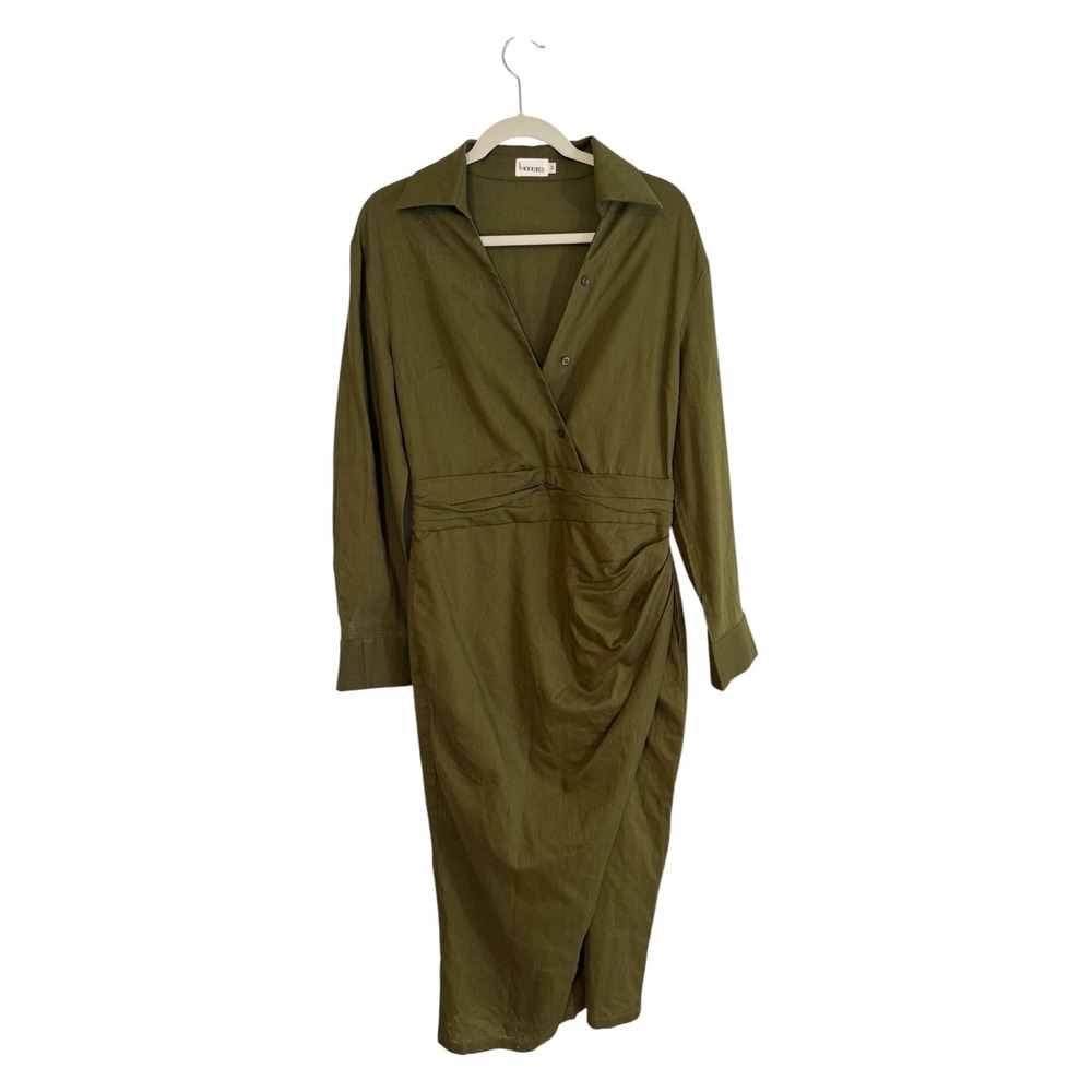 MODESEES Dress Olive M Womens Ruched Faux Wrap‎ Long Sleeve Midi Modest